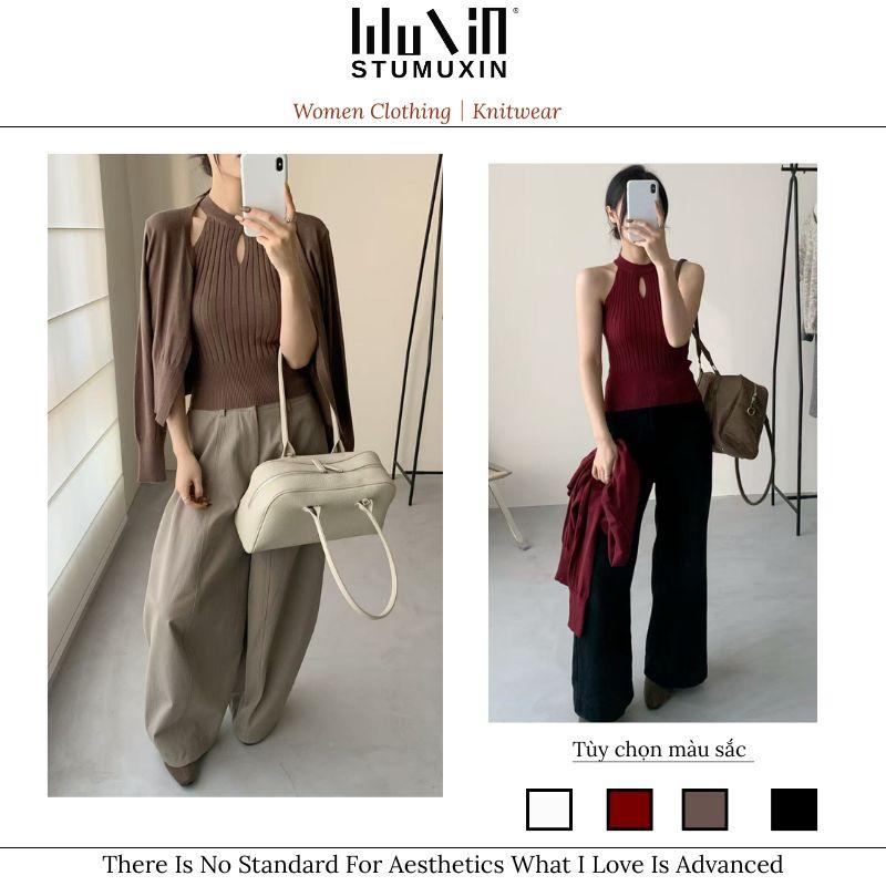 Bộ đồ len MUXIN phong cách Hàn Quốc cổ điển màu đỏ đô – áo cardigan và áo ba lỗ thanh lịch, bộ hai món