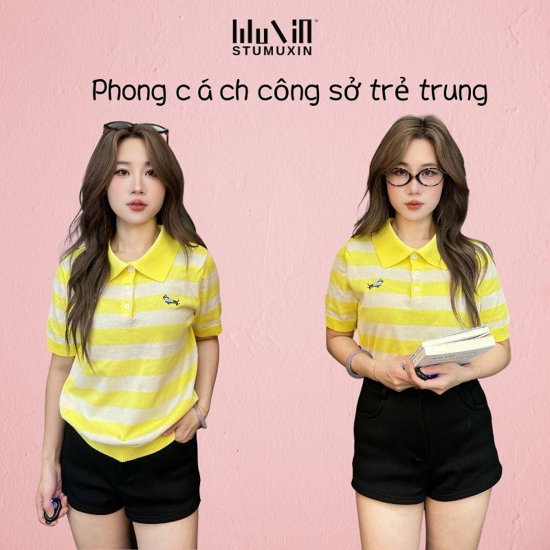 Áo Polo len, Nhẹ, sọc ngang, có thêu, sản phẩm QC