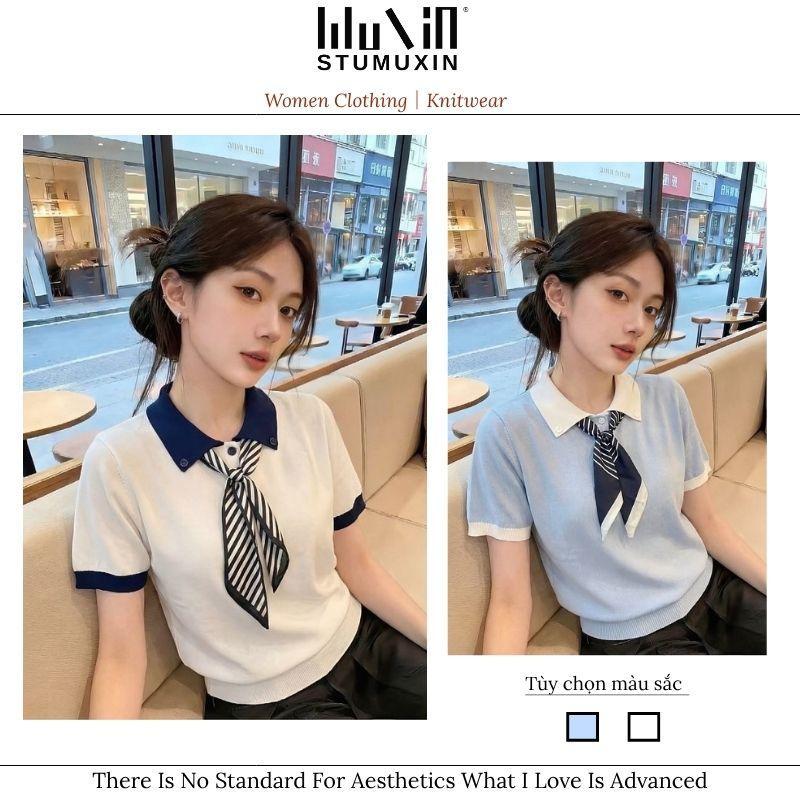 Áo len cổ yếm MUXIN cho nữ, mẫu mới 2026 | Ôm dáng vai với thiết kế nổi bật, tay ngắn | Áo lụa lạnh đa năng cho mùa hè, phù hợp công sở