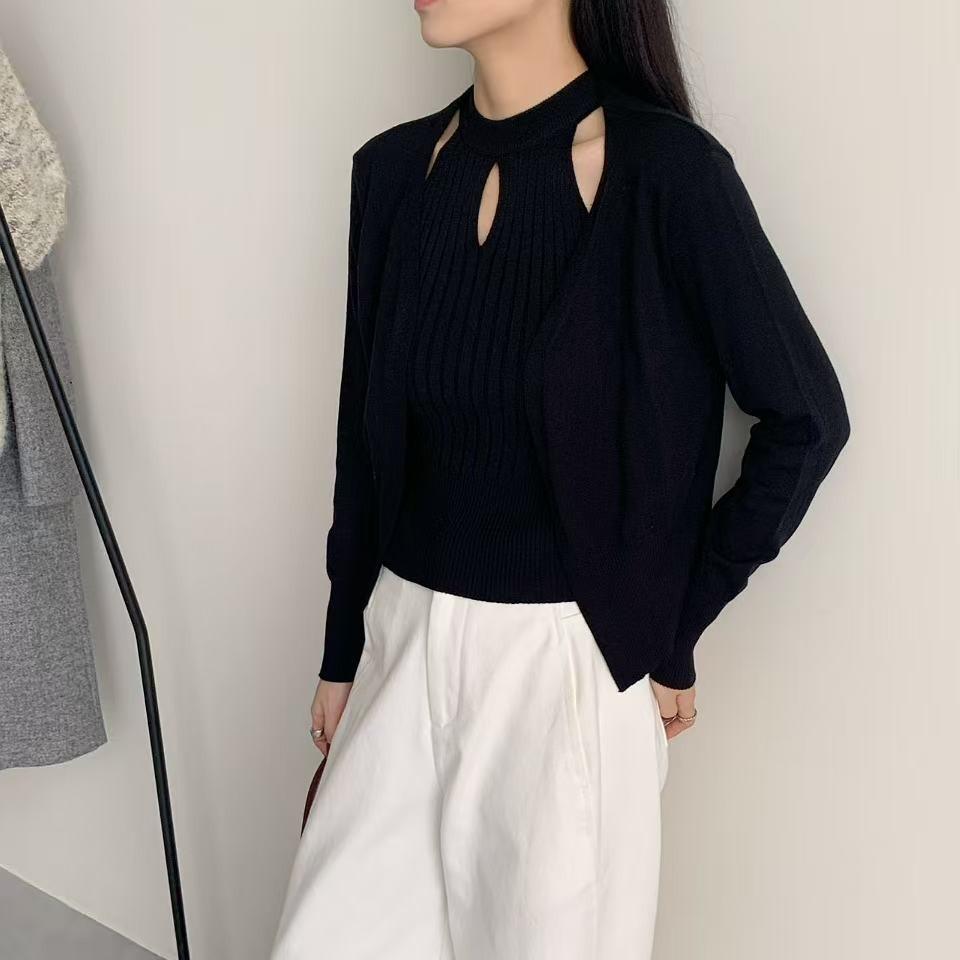 Bộ đồ len MUXIN phong cách Hàn Quốc cổ điển màu đỏ đô – áo cardigan và áo ba lỗ thanh lịch, bộ hai món