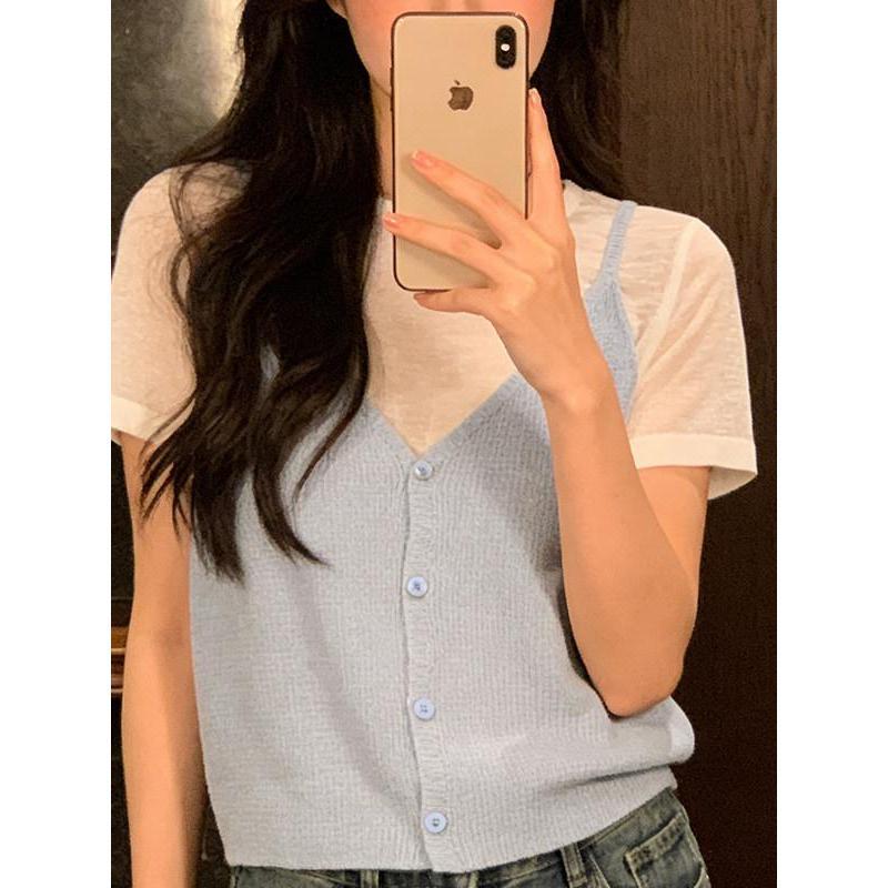 Áo len dệt thô lanh giả hai mảnh MUXIN cho nữ, mẫu mới 2026 | Thiết kế ôm dáng của nhà thiết kế | Tay ngắn thoáng khí, phù hợp mùa hè, đang viral trên TikTok