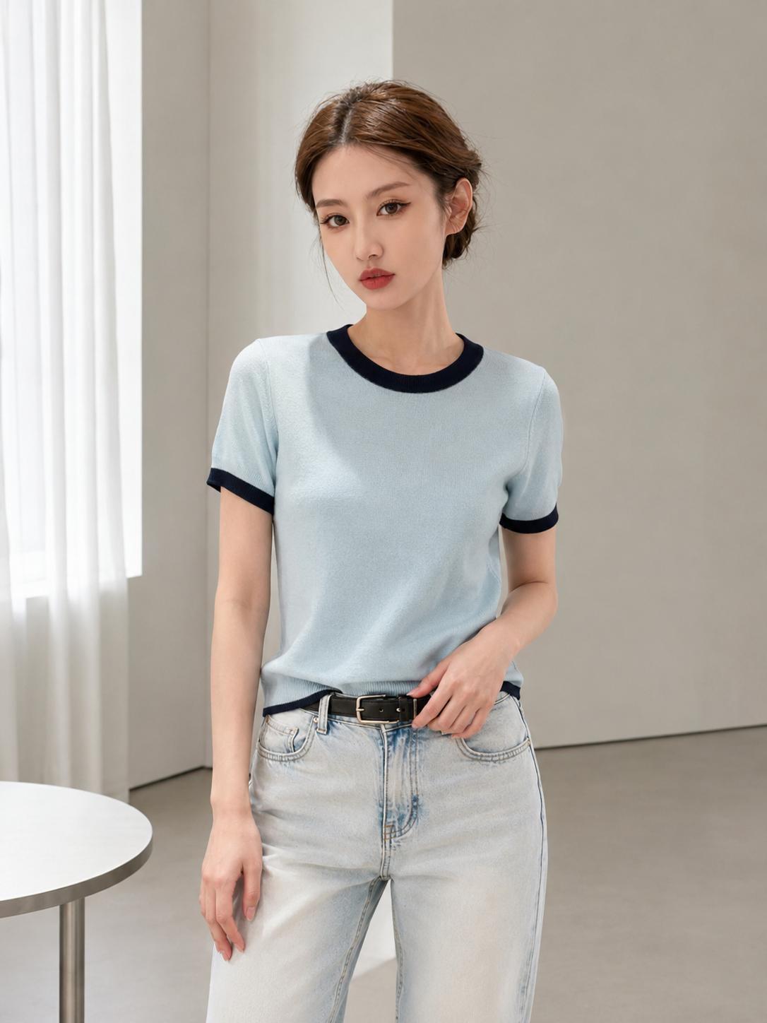 Áo dệt kim nữ MUXIN cổ tròn tay ngắn | Áo crop dáng ôm phong cách Hàn Quốc mùa hè mới | Áo dệt nhẹ viền tương phản | Áo đa năng thoải mái giúp thon gọn, phù hợp đi làm hằng ngày
