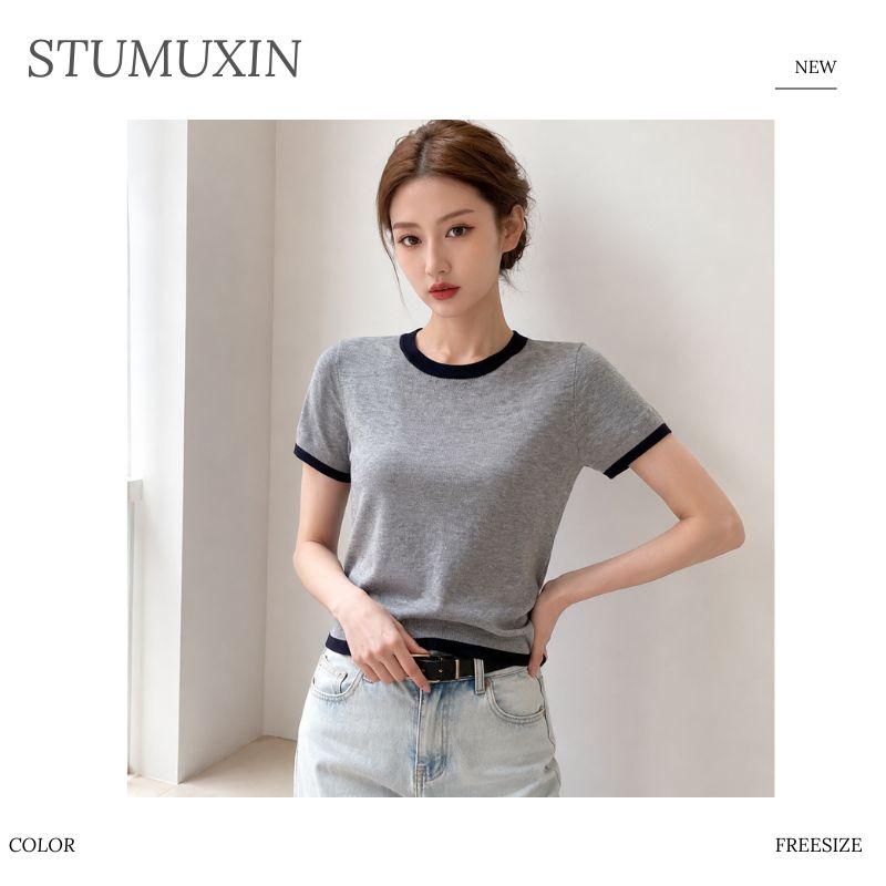 Áo dệt kim nữ MUXIN cổ tròn tay ngắn | Áo crop dáng ôm phong cách Hàn Quốc mùa hè mới | Áo dệt nhẹ viền tương phản | Áo đa năng thoải mái giúp thon gọn, phù hợp đi làm hằng ngày