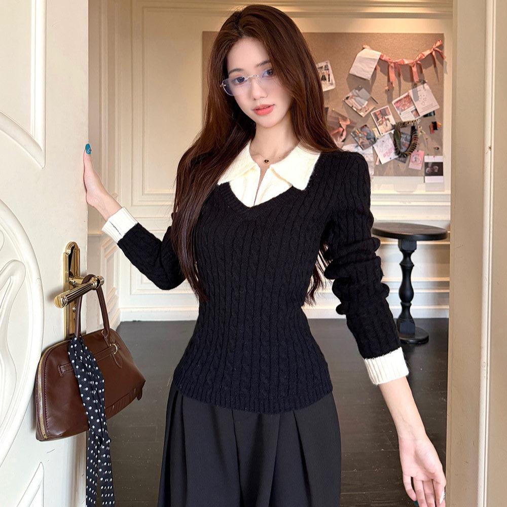 Áo len nữ Muxin phối hai lớp giả cổ polo, dệt kim, dáng rộng, phù hợp mùa thu đông