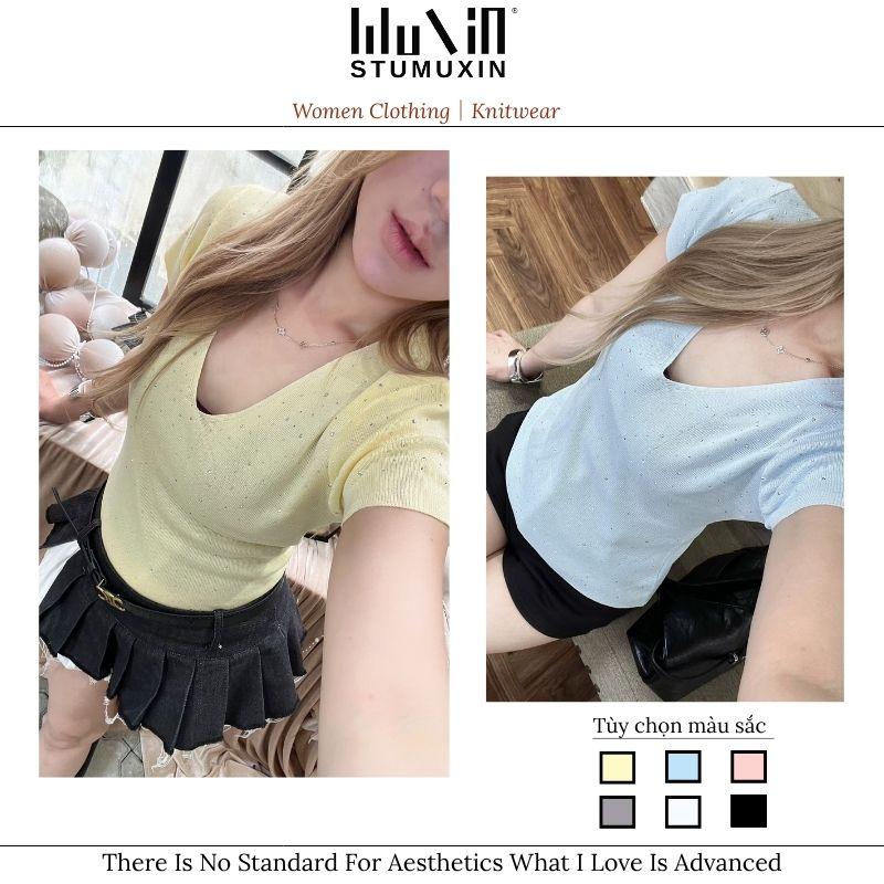Áo len nữ cổ chữ V đính đá MUXIN, mẫu mới 2026 | Ôm dáng thanh lịch, tay ngắn | Áo mùa hè đang gây sốt trên TikTok