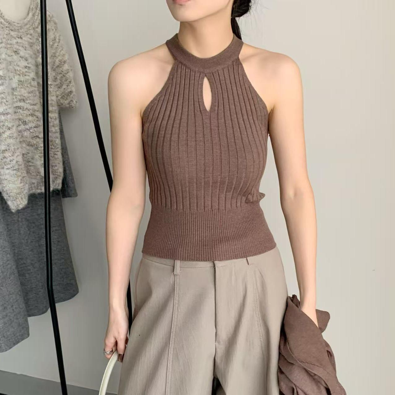 Bộ đồ len MUXIN phong cách Hàn Quốc cổ điển màu đỏ đô – áo cardigan và áo ba lỗ thanh lịch, bộ hai món