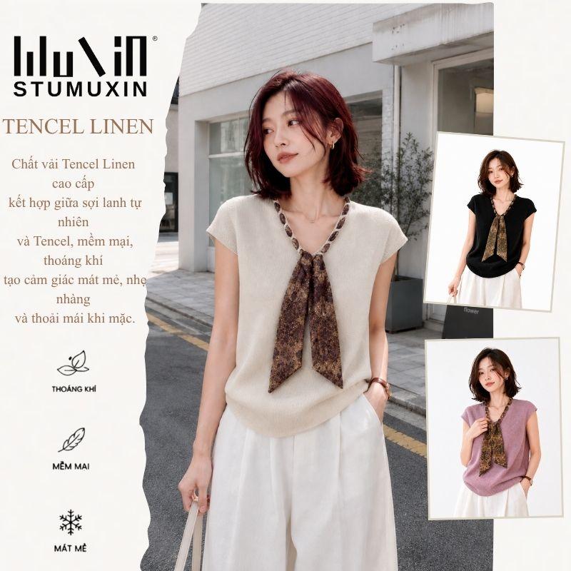MUXIN-Áo len không tay  chất liệu Tencel linen với khăn quàng cổ dáng chữ V – mùa hè 2026 thoáng khí mát mẻ, thấm mồ hôi nhẹ, phong cách tiền bạc cổ điển