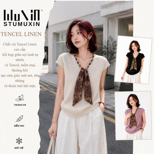 MUXIN-Áo len không tay  chất liệu Tencel linen với khăn quàng cổ dáng chữ V – mùa hè 2026 thoáng khí mát mẻ, thấm mồ hôi nhẹ, phong cách tiền bạc cổ điển