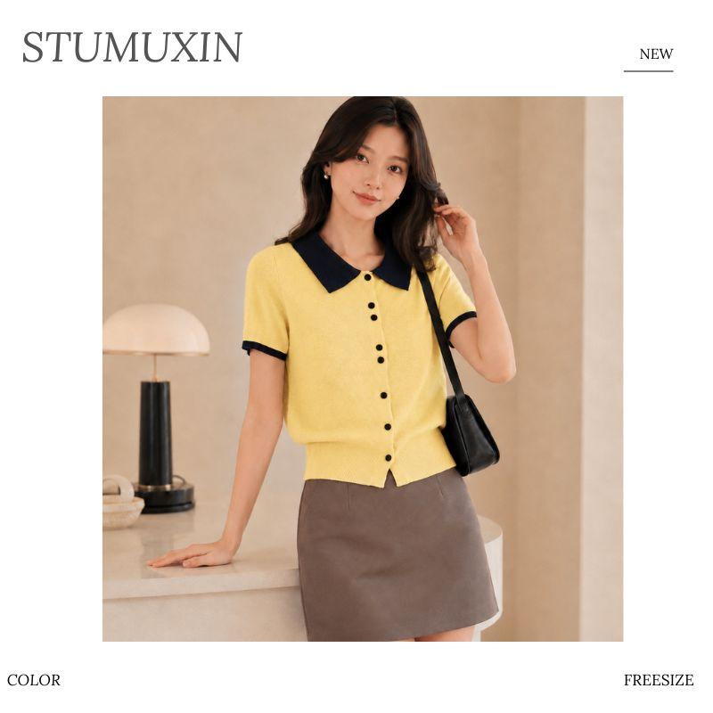 Áo cardigan len nữ MUXIN cổ polo tay ngắn | Áo crop dáng ôm phong cách Hàn Quốc mới mùa hè | Áo len nhẹ có cổ tương phản | Áo thời trang đa năng tôn dáng phù hợp đi làm hằng ngày