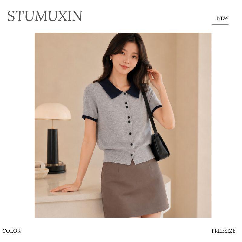 Áo cardigan len nữ MUXIN cổ polo tay ngắn | Áo crop dáng ôm phong cách Hàn Quốc mới mùa hè | Áo len nhẹ có cổ tương phản | Áo thời trang đa năng tôn dáng phù hợp đi làm hằng ngày