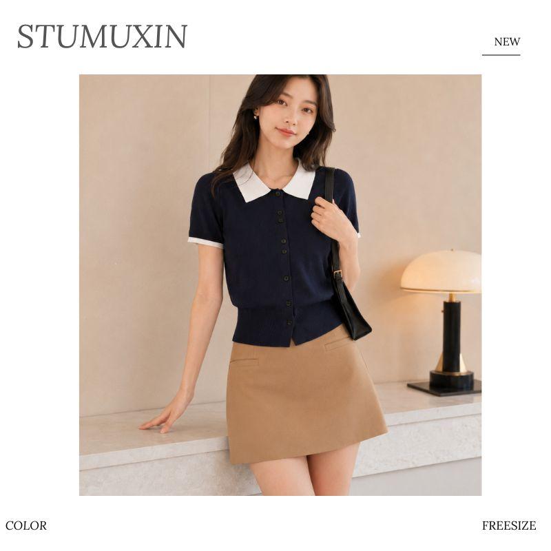 Áo cardigan len nữ MUXIN cổ polo tay ngắn | Áo crop dáng ôm phong cách Hàn Quốc mới mùa hè | Áo len nhẹ có cổ tương phản | Áo thời trang đa năng tôn dáng phù hợp đi làm hằng ngày