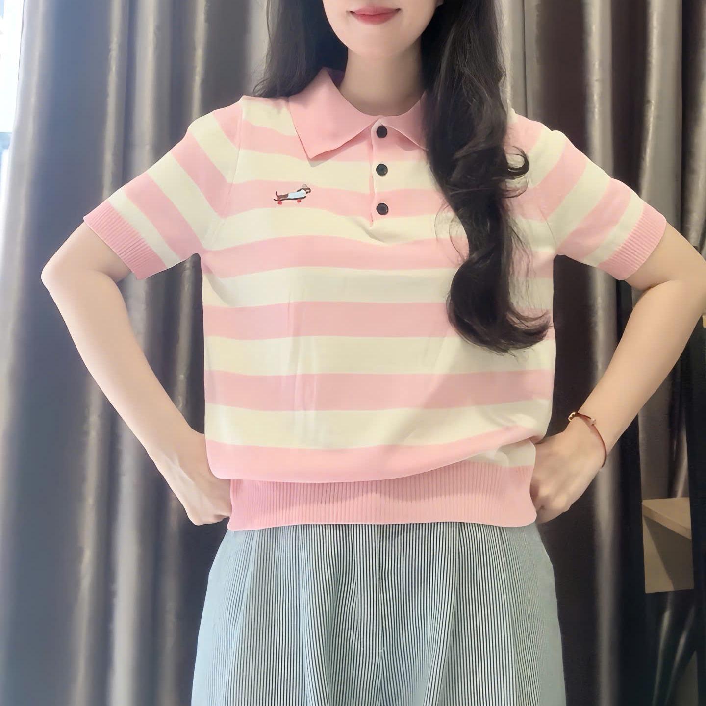 Áo Polo len, Nhẹ, sọc ngang, có thêu, sản phẩm QC
