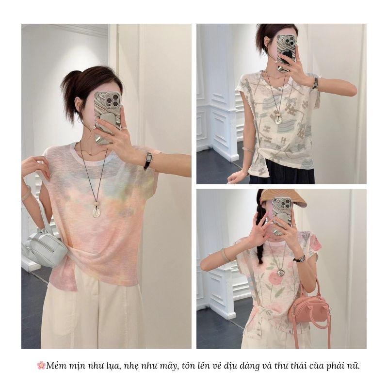 Áo len dệt nhuộm tie-dye chất liệu lụa lạnh MUXIN dành cho nữ, mẫu mới 2026 | Ôm dáng, tay ngắn in họa tiết | Áo mùa hè mát mẻ đang gây sốt trên TikTok