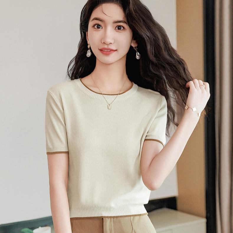 Áo len dệt kim lụa lạnh MUXIN tay ngắn | Áo mùa hè nhẹ cổ tròn, đa năng và tôn dáng cho mọi vóc dáng