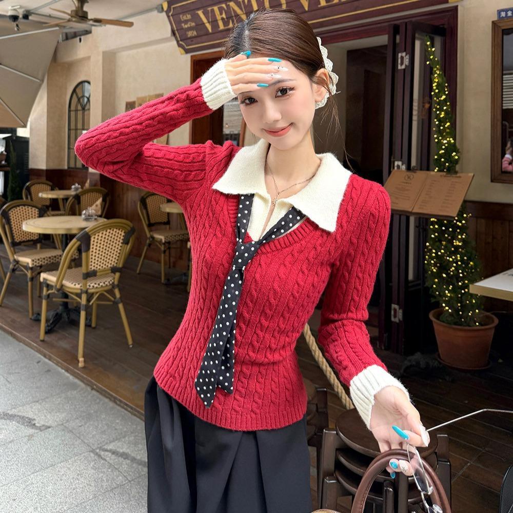 Áo len nữ Muxin phối hai lớp giả cổ polo, dệt kim, dáng rộng, phù hợp mùa thu đông