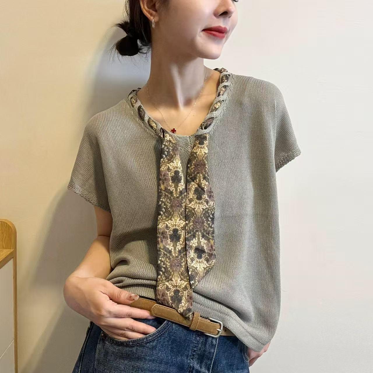 MUXIN-Áo len không tay  chất liệu Tencel linen với khăn quàng cổ dáng chữ V – mùa hè 2026 thoáng khí mát mẻ, thấm mồ hôi nhẹ, phong cách tiền bạc cổ điển