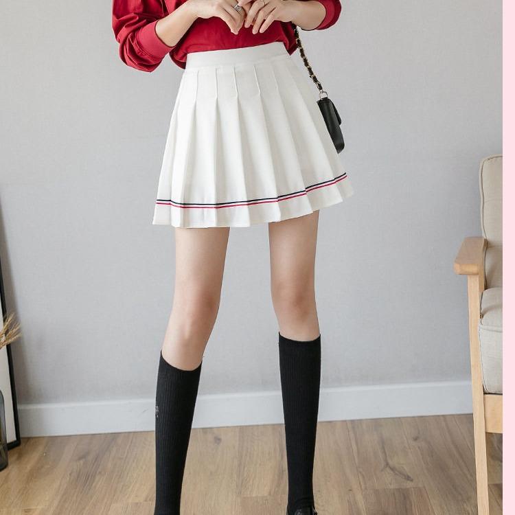 MUXIN Pleated Skirt – High Waist A-line Skirt in Blue & White, Slim Fit Preppy Style