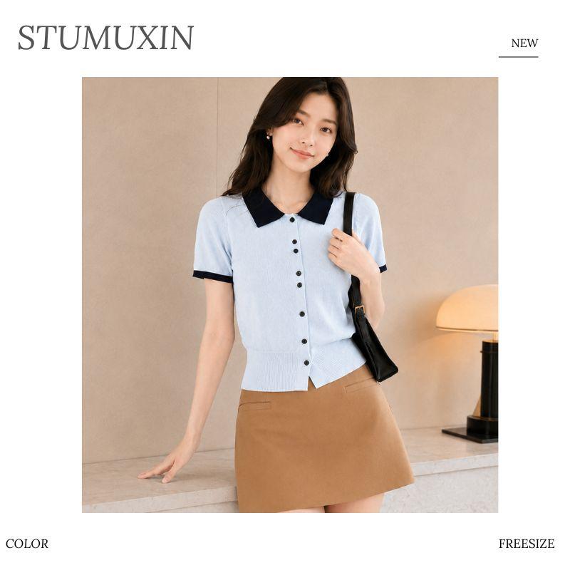 Áo cardigan len nữ MUXIN cổ polo tay ngắn | Áo crop dáng ôm phong cách Hàn Quốc mới mùa hè | Áo len nhẹ có cổ tương phản | Áo thời trang đa năng tôn dáng phù hợp đi làm hằng ngày