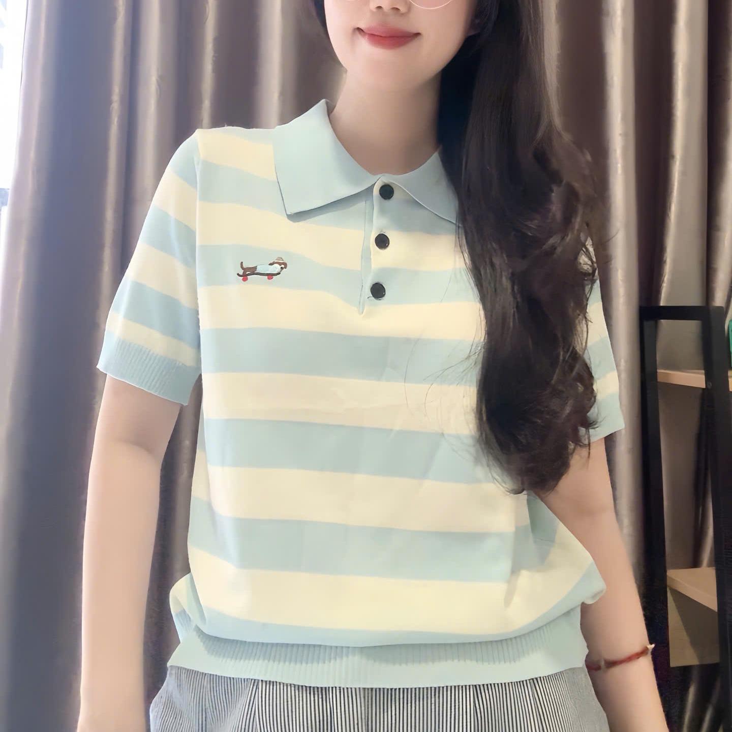 Áo Polo len, Nhẹ, sọc ngang, có thêu, sản phẩm QC