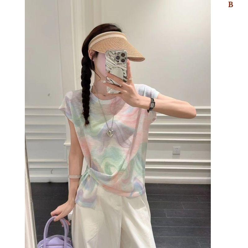 Áo len dệt nhuộm tie-dye chất liệu lụa lạnh MUXIN dành cho nữ, mẫu mới 2026 | Ôm dáng, tay ngắn in họa tiết | Áo mùa hè mát mẻ đang gây sốt trên TikTok