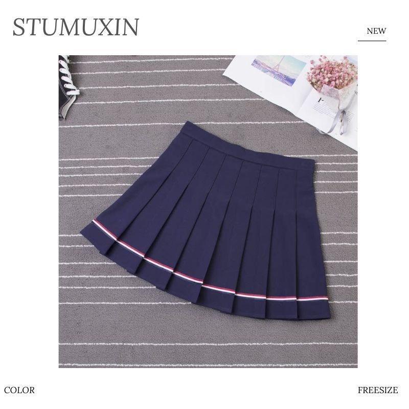 Váy xếp ly MUXIN – Váy dáng chữ A cạp cao màu xanh và trắng, ôm dáng phong cách preppy