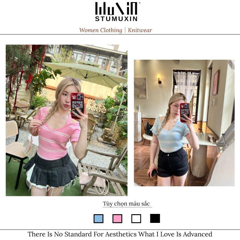 Áo len nữ hai mảnh phong cách dopamine giả MUXIN, mẫu mới 2026 | Áo crop top dáng ôm gợi cảm phong cách Y2K | Trang phục mùa hè đang viral trên TikTok