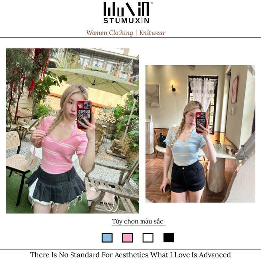 Áo len nữ hai mảnh phong cách dopamine giả MUXIN, mẫu mới 2026 | Áo crop top dáng ôm gợi cảm phong cách Y2K | Trang phục mùa hè đang viral trên TikTok