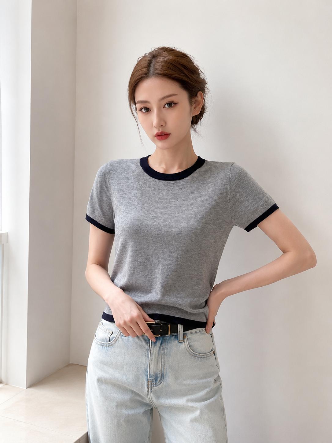 Áo dệt kim nữ MUXIN cổ tròn tay ngắn | Áo crop dáng ôm phong cách Hàn Quốc mùa hè mới | Áo dệt nhẹ viền tương phản | Áo đa năng thoải mái giúp thon gọn, phù hợp đi làm hằng ngày