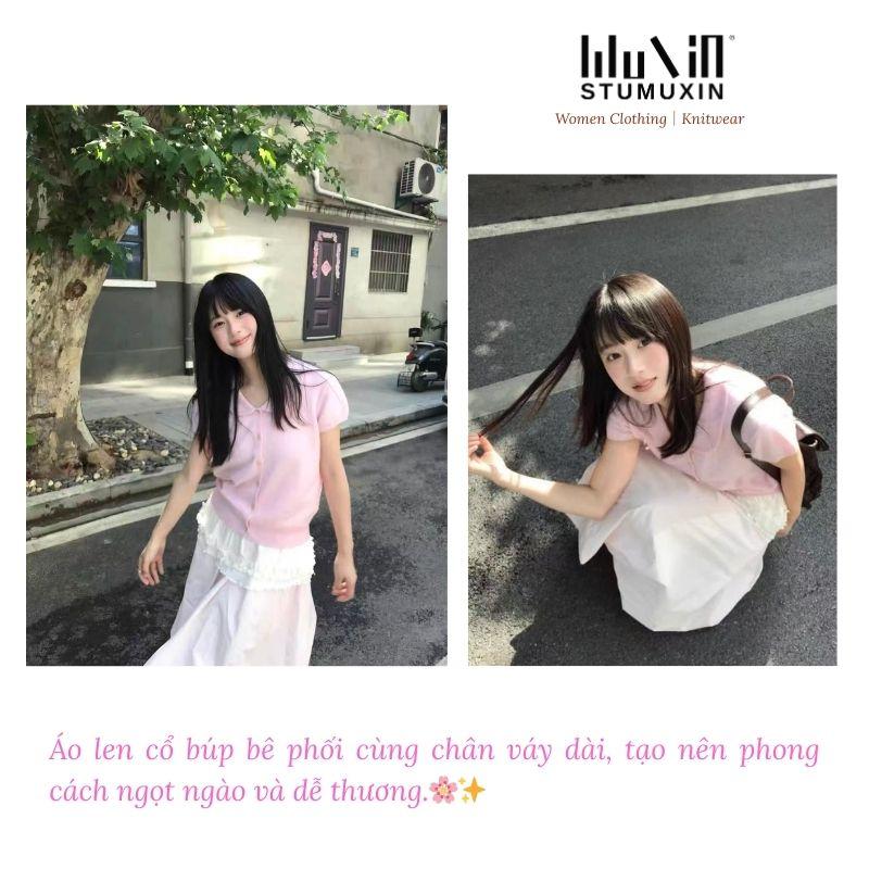 Áo len polo nữ MUXIN Xuân Hè 2026 mới, cổ búp bê, tay phồng ngắn, dáng ôm