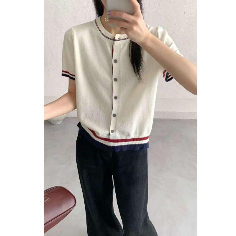（Không có hình thêu ngựa nhỏ.）Áo len nữ MUXIN phong cách Hàn Quốc mới, cổ tròn, phối màu khối kiểu Anh, dáng rộng, phong cách thường ngày