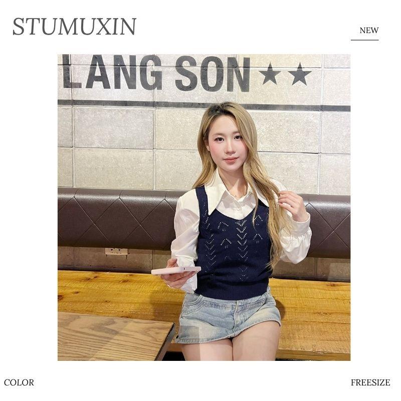 Áo vest len nữ MUXIN | Áo không tay phong cách Hàn Quốc mới cho mùa hè | Áo tank len nhẹ đục lỗ | Áo dáng rộng tôn dáng ngắn, kiểu casual đa năng