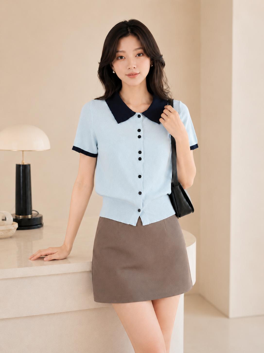 Áo cardigan len nữ MUXIN cổ polo tay ngắn | Áo crop dáng ôm phong cách Hàn Quốc mới mùa hè | Áo len nhẹ có cổ tương phản | Áo thời trang đa năng tôn dáng phù hợp đi làm hằng ngày