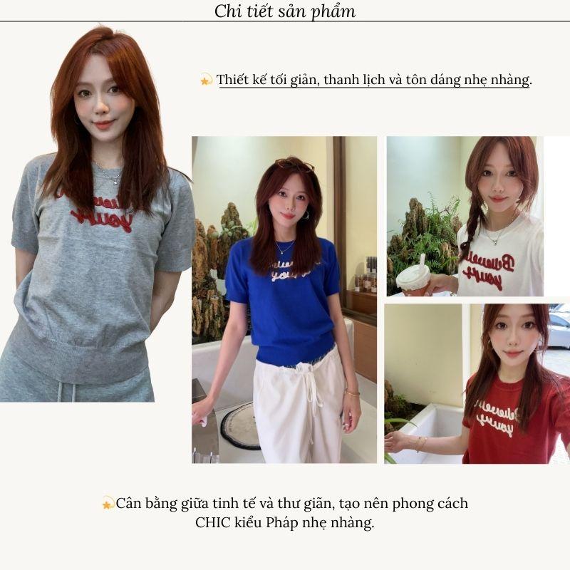 （Xả Kho） T-Shirt Dệt Kim Croptop Nữ Phong Cách Hàn Quốc, Tay Ngắn Thêu Chữ Đơn Giản, Cổ Tròn, Áo Mùa Hè Mát Mẻ, Thoáng Khí, Dễ Phối Đồ, Style Dopamine, Áo Croptop Hot Trend