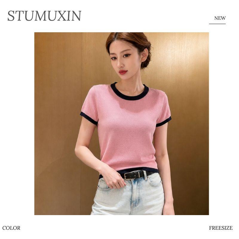 Áo dệt kim nữ MUXIN cổ tròn tay ngắn | Áo crop dáng ôm phong cách Hàn Quốc mùa hè mới | Áo dệt nhẹ viền tương phản | Áo đa năng thoải mái giúp thon gọn, phù hợp đi làm hằng ngày