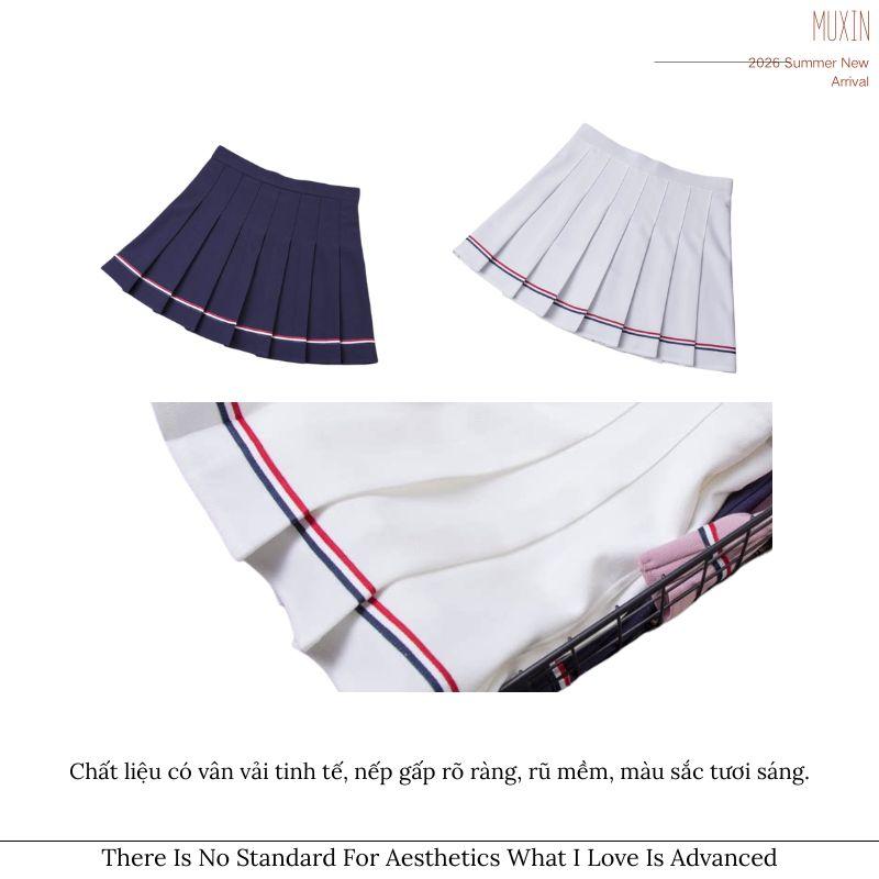 MUXIN Pleated Skirt – High Waist A-line Skirt in Blue & White, Slim Fit Preppy Style