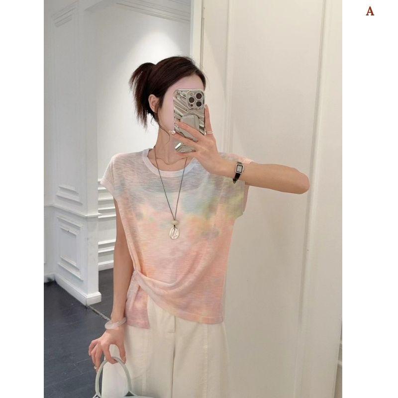Áo len dệt nhuộm tie-dye chất liệu lụa lạnh MUXIN dành cho nữ, mẫu mới 2026 | Ôm dáng, tay ngắn in họa tiết | Áo mùa hè mát mẻ đang gây sốt trên TikTok