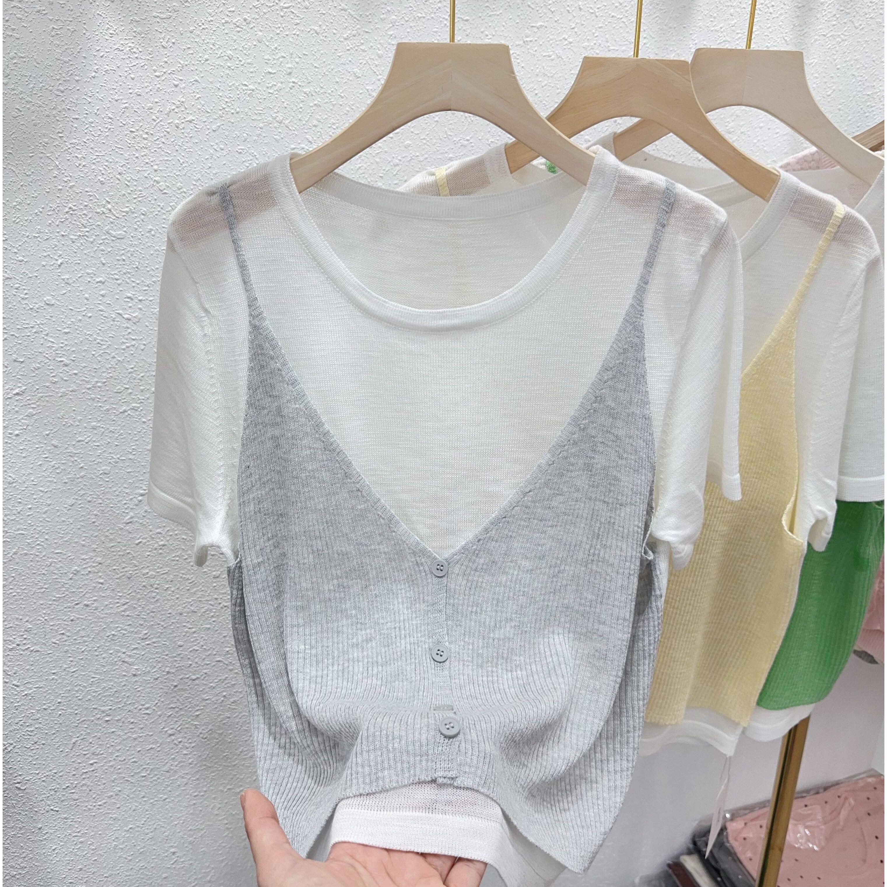 Áo len dệt thô lanh giả hai mảnh MUXIN cho nữ, mẫu mới 2026 | Thiết kế ôm dáng của nhà thiết kế | Tay ngắn thoáng khí, phù hợp mùa hè, đang viral trên TikTok