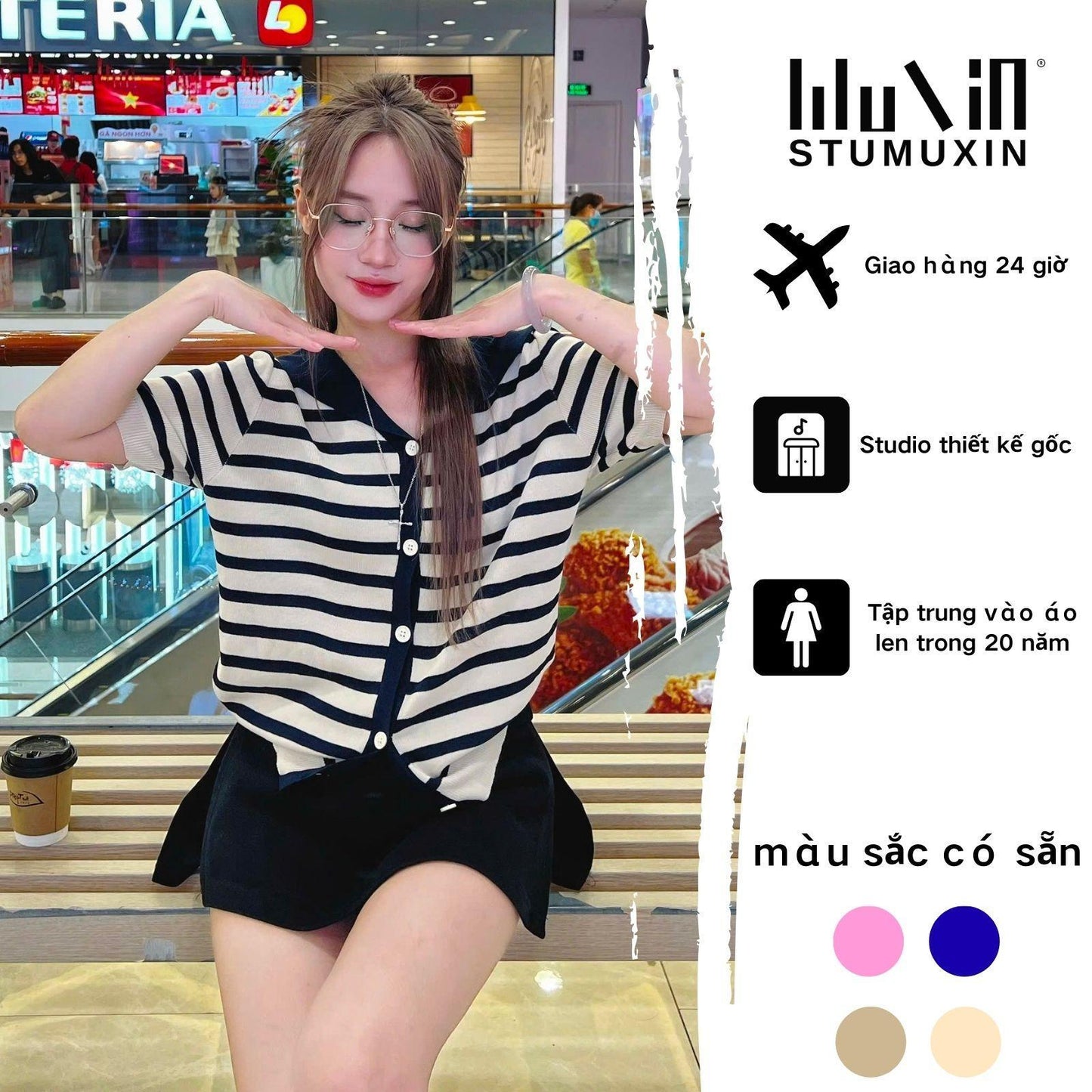 （Xả Kho）T-Shirt Cho Nữ, Muxin, Áo Khoác ngắn Tay Sọc, Cổ Thủy Thủ Kèm Khăn Quàng Cổ, Xu Hướng Mùa Hè Nóng Bỏng, Phong Cách Hàn Quốc, 2025