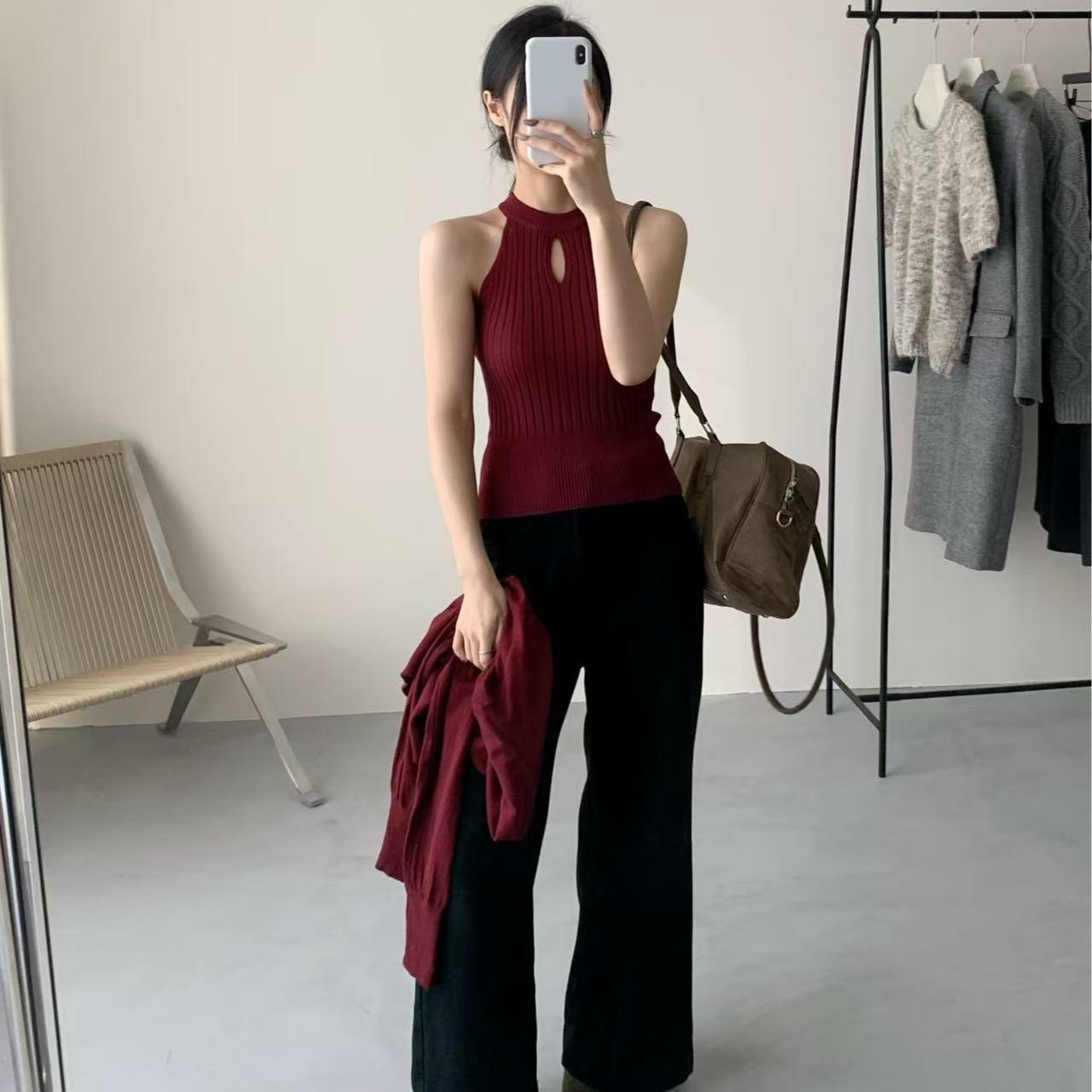 Bộ đồ len MUXIN phong cách Hàn Quốc cổ điển màu đỏ đô – áo cardigan và áo ba lỗ thanh lịch, bộ hai món