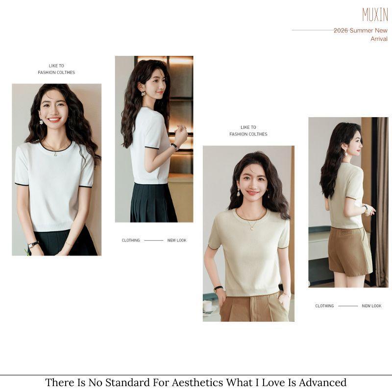 Áo len dệt kim lụa lạnh MUXIN tay ngắn | Áo mùa hè nhẹ cổ tròn, đa năng và tôn dáng cho mọi vóc dáng