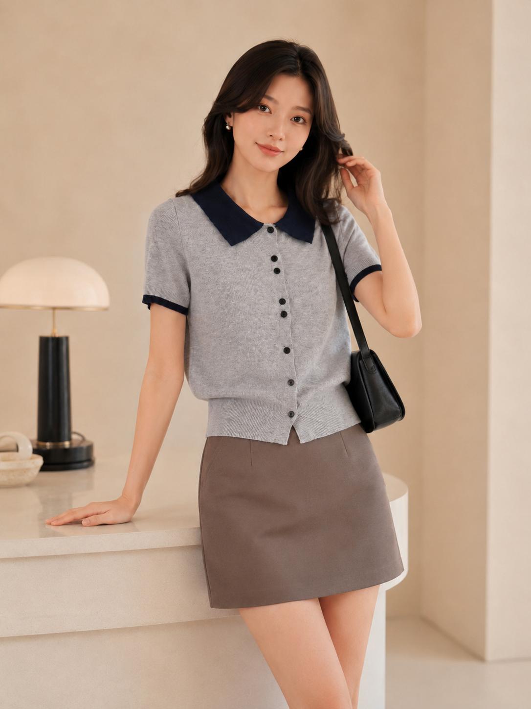 Áo cardigan len nữ MUXIN cổ polo tay ngắn | Áo crop dáng ôm phong cách Hàn Quốc mới mùa hè | Áo len nhẹ có cổ tương phản | Áo thời trang đa năng tôn dáng phù hợp đi làm hằng ngày