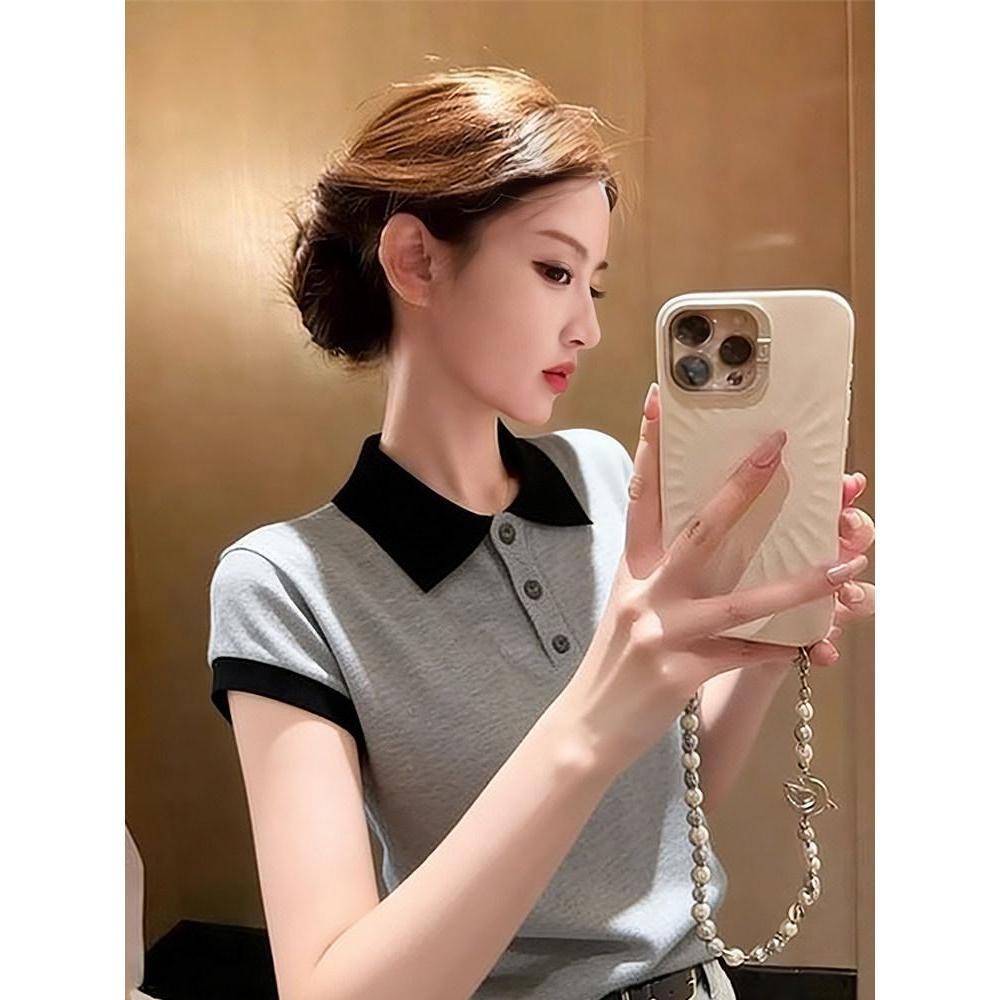 （Không có hình thêu ngựa nhỏ.）Áo polo nữ MUXIN dáng ôm tay ngắn, chất liệu dệt kim, thiết kế vai nổi