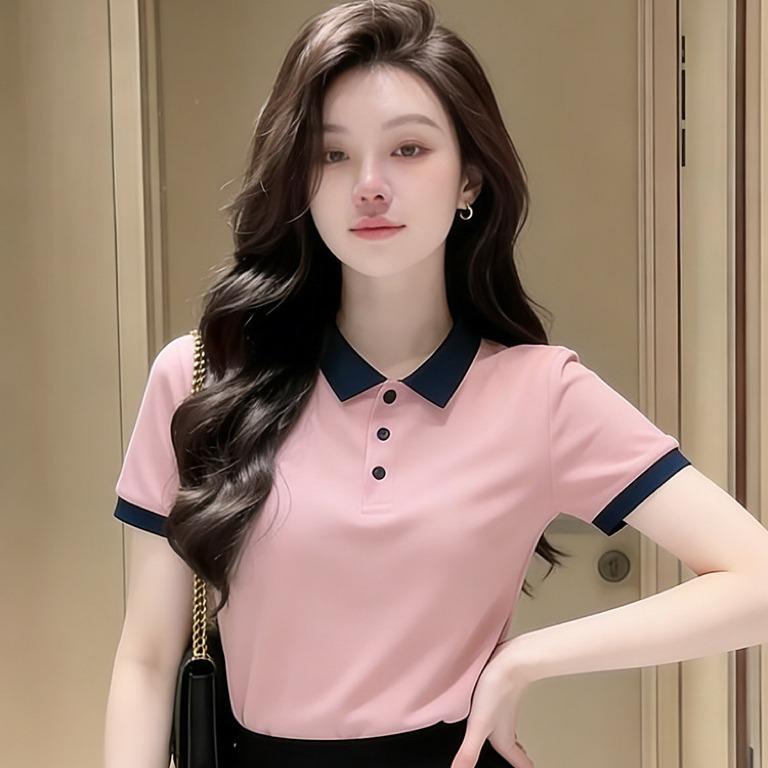 （Không có hình thêu ngựa nhỏ.）Áo polo nữ MUXIN dáng ôm tay ngắn, chất liệu dệt kim, thiết kế vai nổi