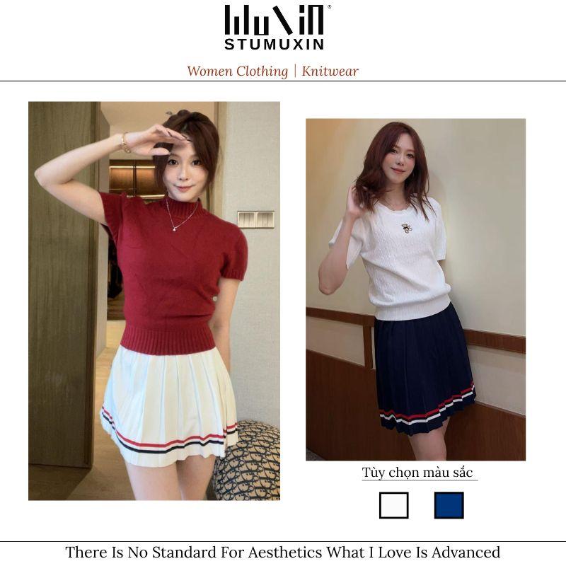 MUXIN Pleated Skirt – High Waist A-line Skirt in Blue & White, Slim Fit Preppy Style