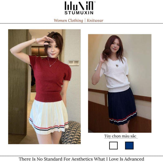 MUXIN Pleated Skirt – High Waist A-line Skirt in Blue & White, Slim Fit Preppy Style