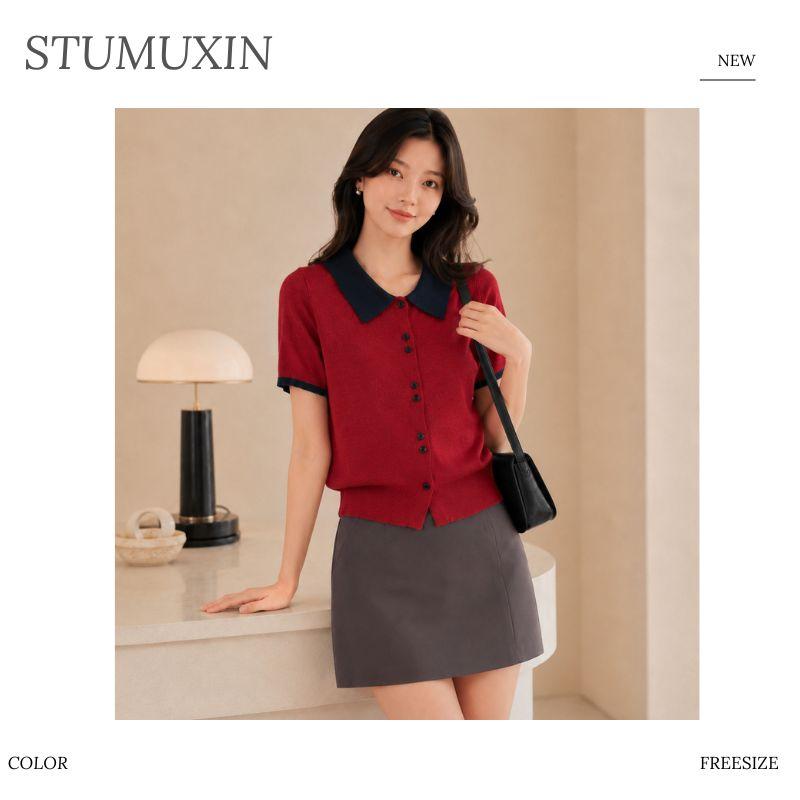 Áo cardigan len nữ MUXIN cổ polo tay ngắn | Áo crop dáng ôm phong cách Hàn Quốc mới mùa hè | Áo len nhẹ có cổ tương phản | Áo thời trang đa năng tôn dáng phù hợp đi làm hằng ngày
