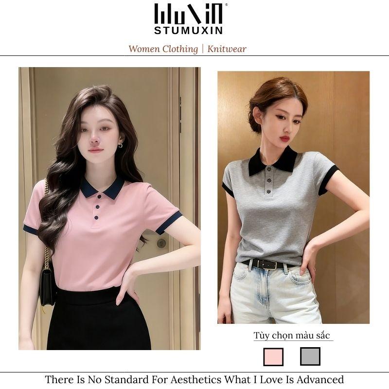 （Không có hình thêu ngựa nhỏ.）Áo polo nữ MUXIN dáng ôm tay ngắn, chất liệu dệt kim, thiết kế vai nổi