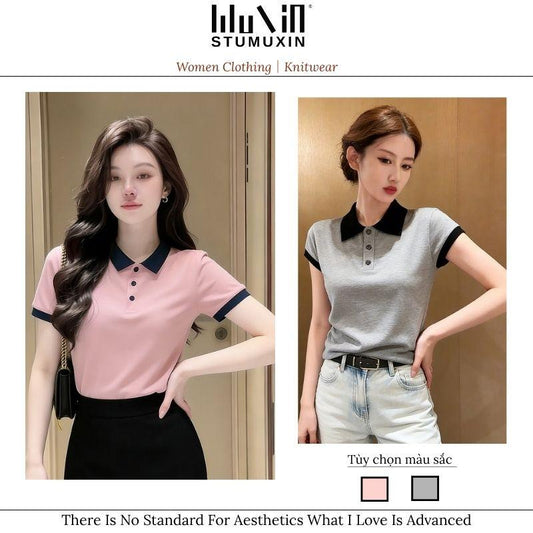 （Không có hình thêu ngựa nhỏ.）Áo polo nữ MUXIN dáng ôm tay ngắn, chất liệu dệt kim, thiết kế vai nổi