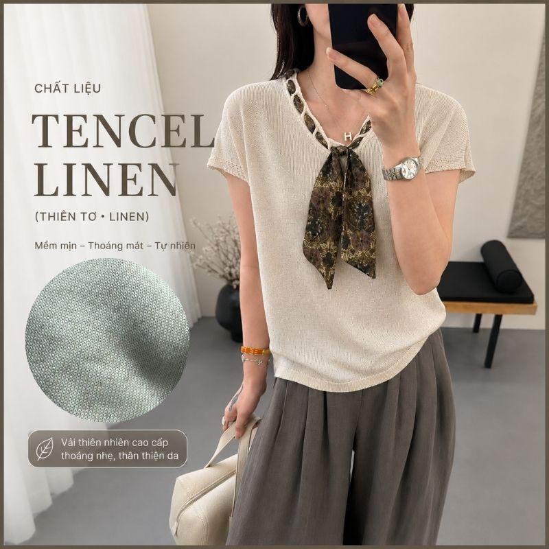 MUXIN-Áo len không tay  chất liệu Tencel linen với khăn quàng cổ dáng chữ V – mùa hè 2026 thoáng khí mát mẻ, thấm mồ hôi nhẹ, phong cách tiền bạc cổ điển