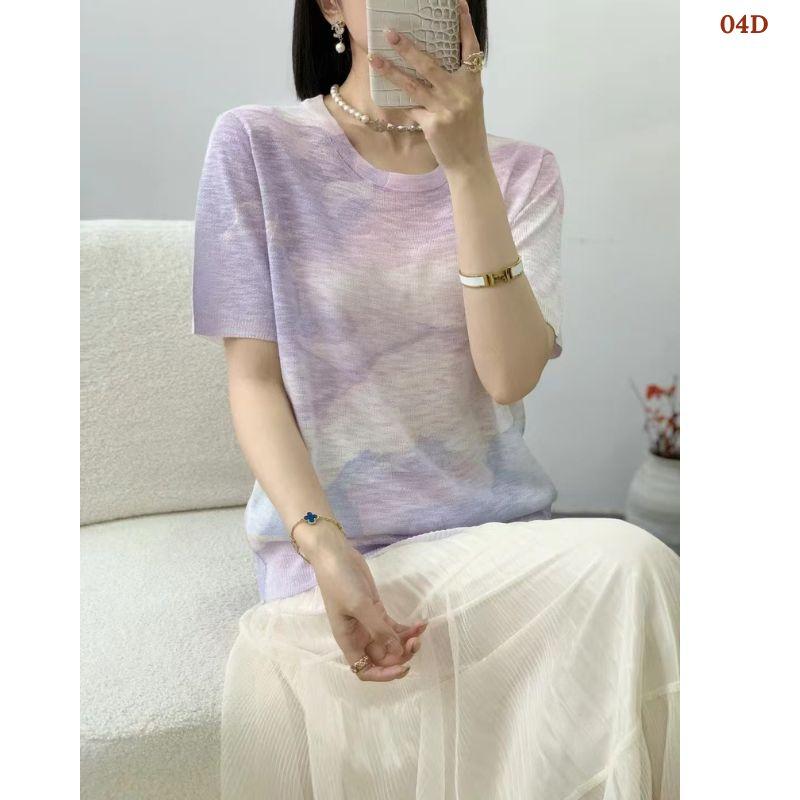 Áo len dệt nhuộm tie-dye chất liệu lụa lạnh MUXIN dành cho nữ, mẫu mới 2026 | Ôm dáng, tay ngắn in họa tiết | Áo mùa hè mát mẻ đang gây sốt trên TikTok
